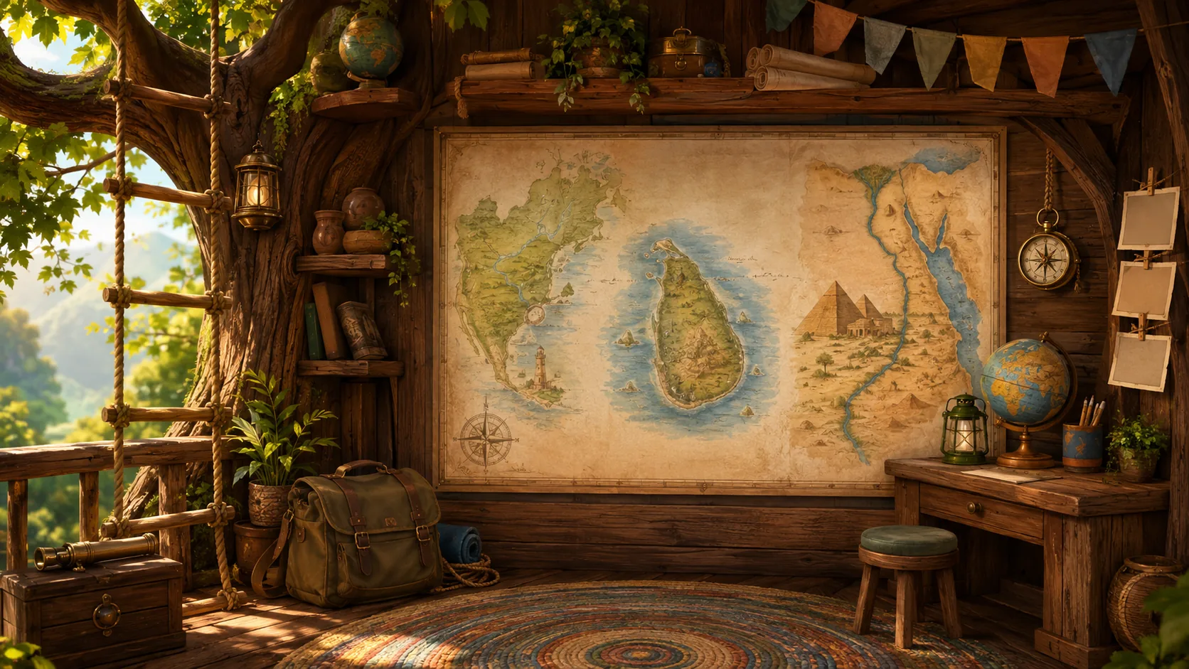 Gus's sunny treehouse travel room with a large map waiting on the wall