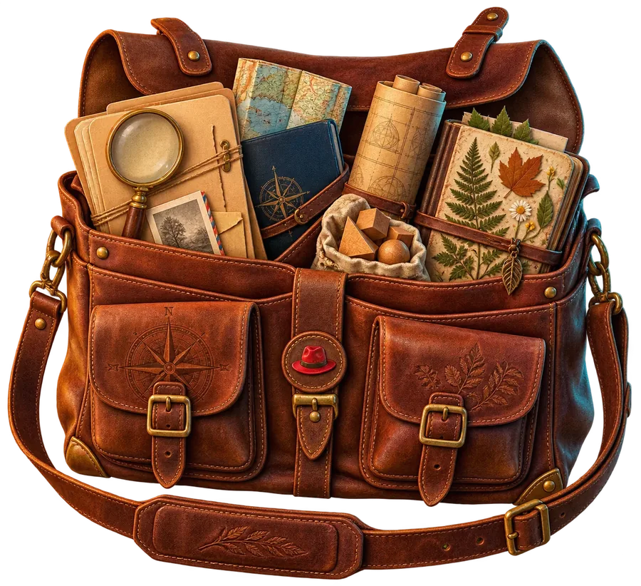 The Teacher’s Satchel, packed and open, with four activity guides inside